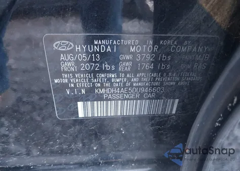 2013 Hyundai Elantra Gls из США, поврежденный, VIN KMHDH4AE5DU946603